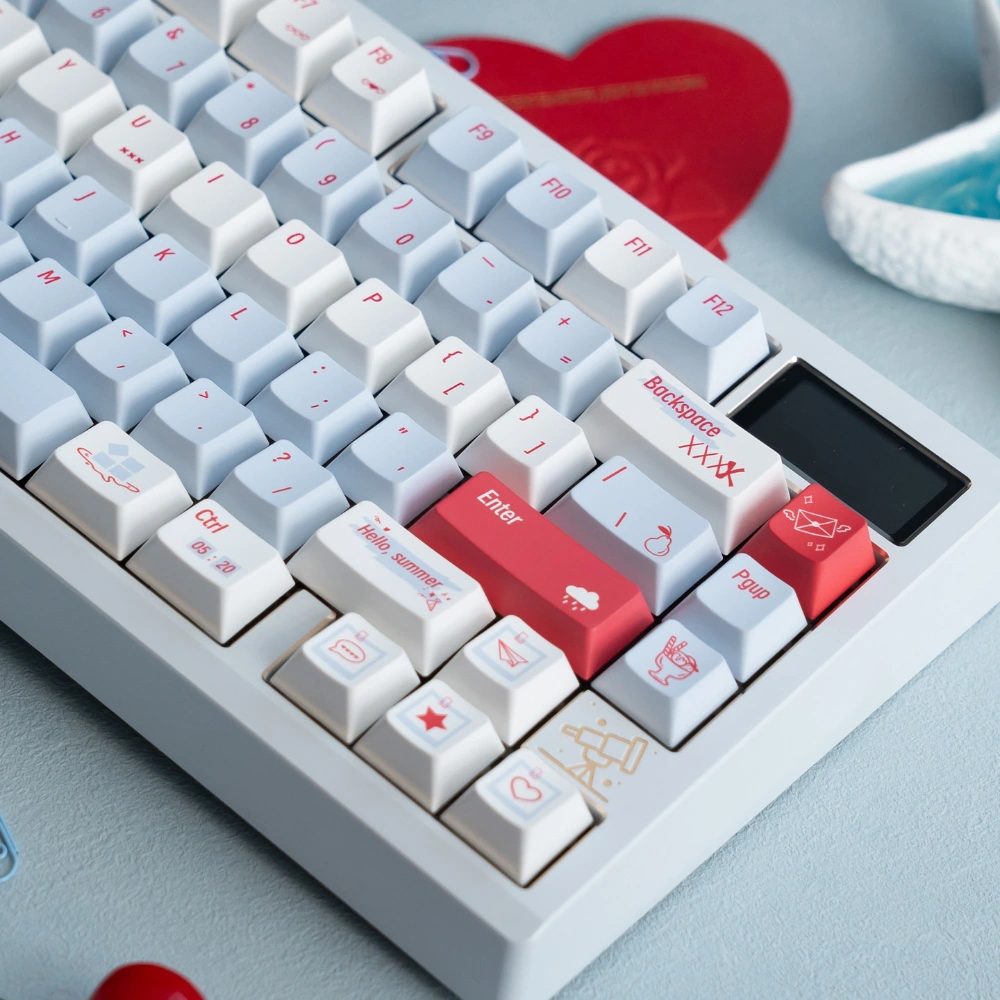 Summer Blue Cherry Profile keycaps on a themed deskmat with ocean and sunset accent colors