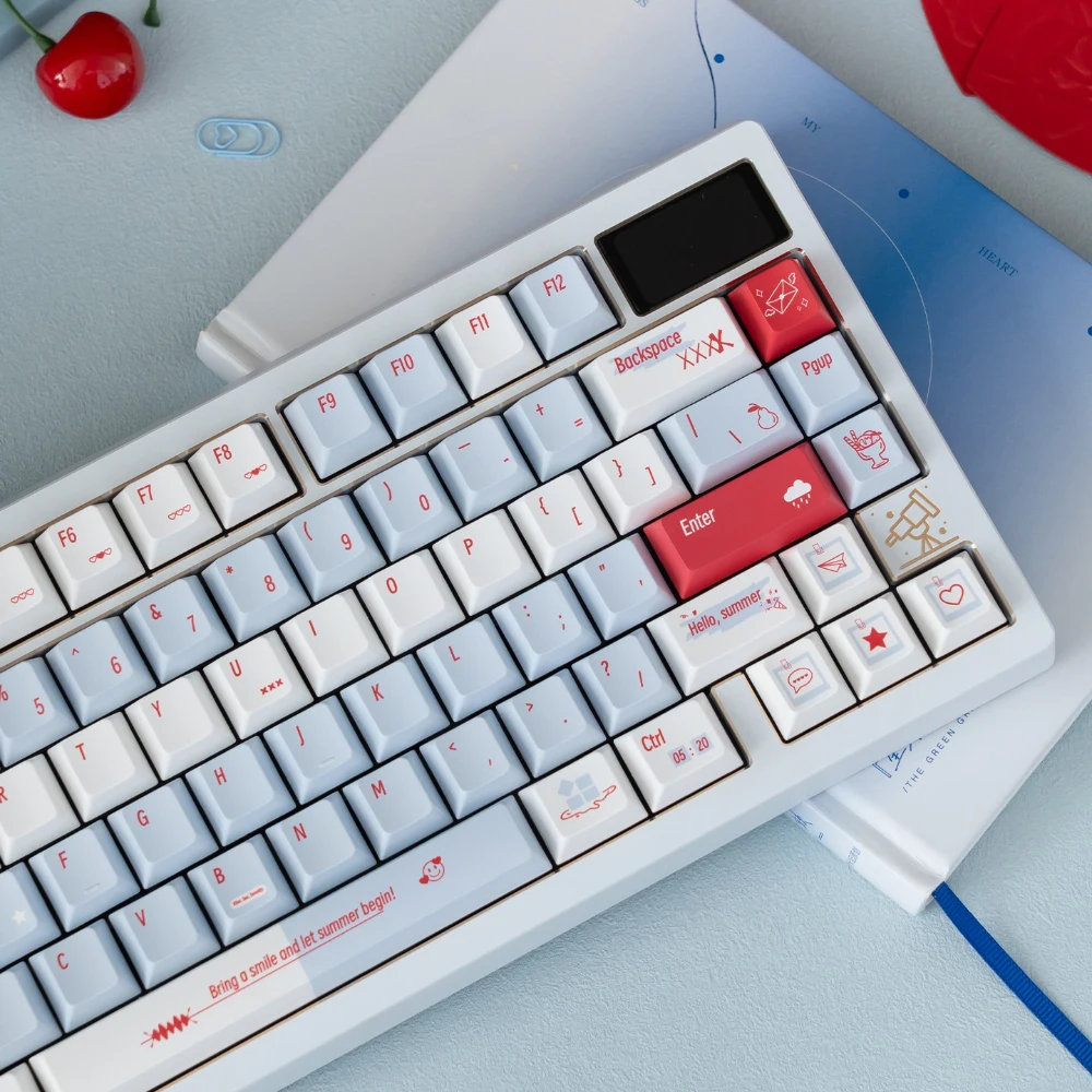 Full Summer Blue Cherry Profile PBT keycap kit spread showing base keys and novelty accents