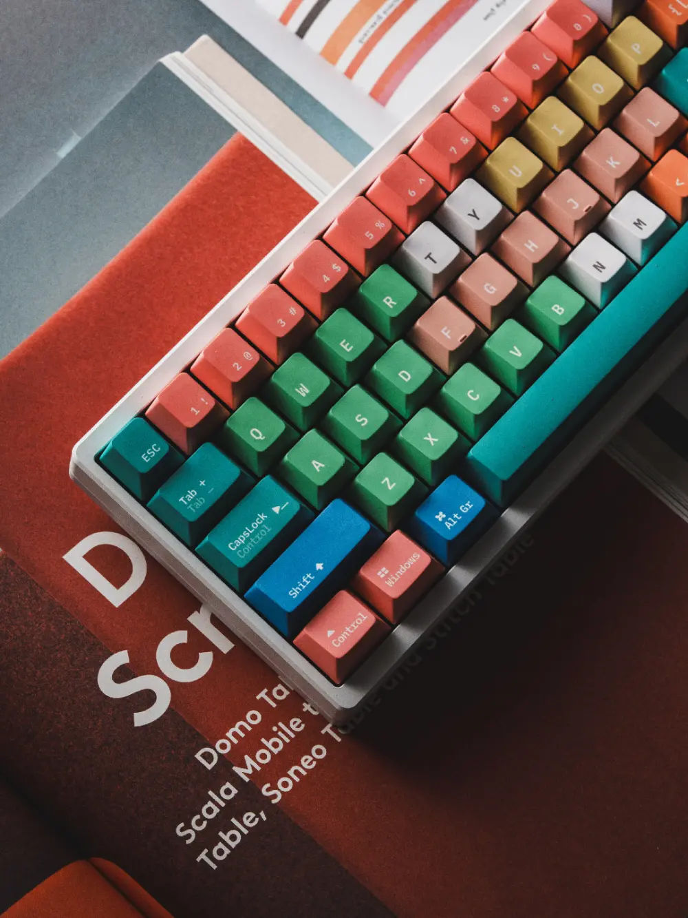 Fantasy Bean Y2K Keycaps - Angle View Close-up angle view of Y2K style PBT keycaps featuring bold, colorful keys on a mechanical keyboard.