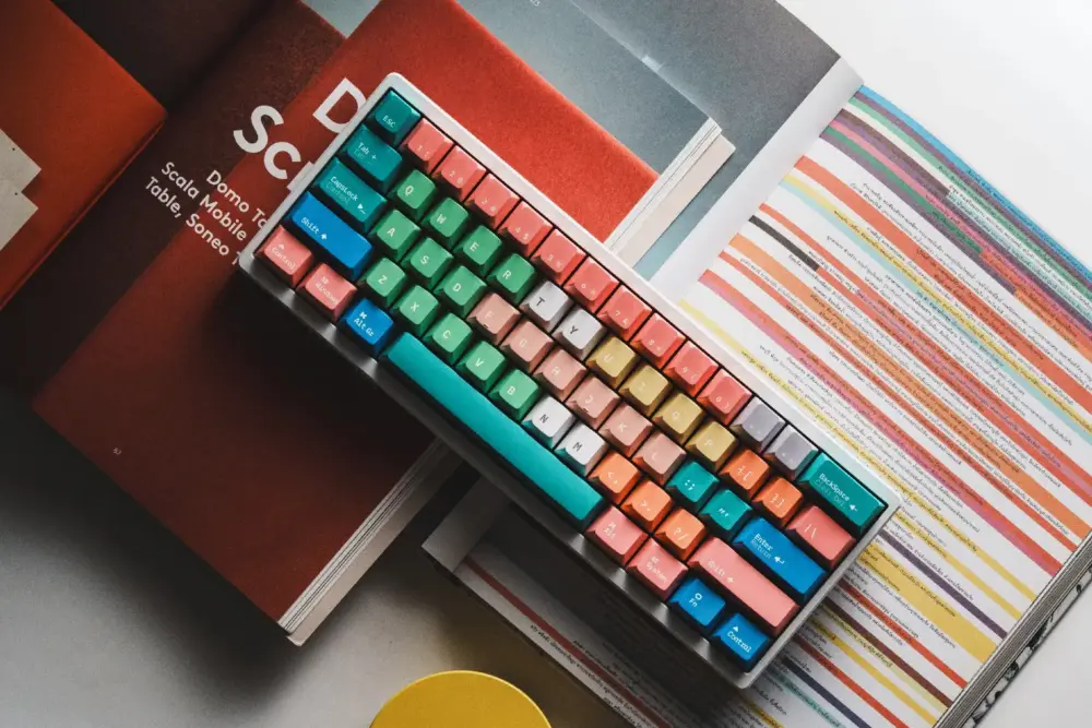 Y2K Style PBT Keycaps A set of multi-colored PBT keycaps with Cherry profile, featuring Y2K-inspired hues on a book.