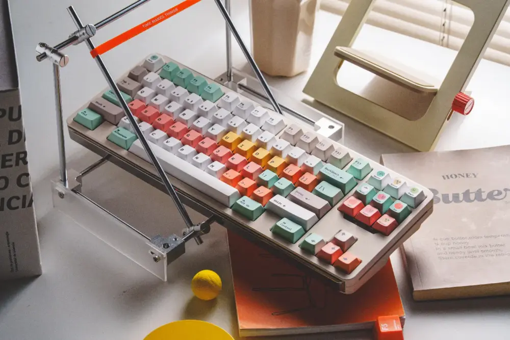 Fantasy Bean Y2K PBT Cherry Profile Keycaps Y2K keycaps in a vibrant colorway on a mechanical keyboard, featuring a cherry profile.