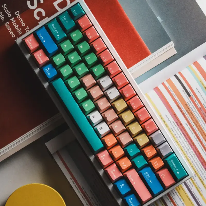 A full view of the Fantasy Bean Y2K PBT keycaps in the Cyber Lime colorway, featuring a vibrant green and orange gradient.