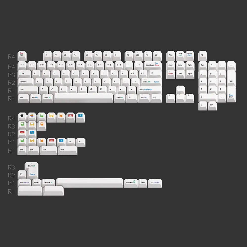Retro Mac Full Keyboard Layout Retro Mac Specific PBT keycaps arranged in a full keyboard layout featuring classic command and option keys.