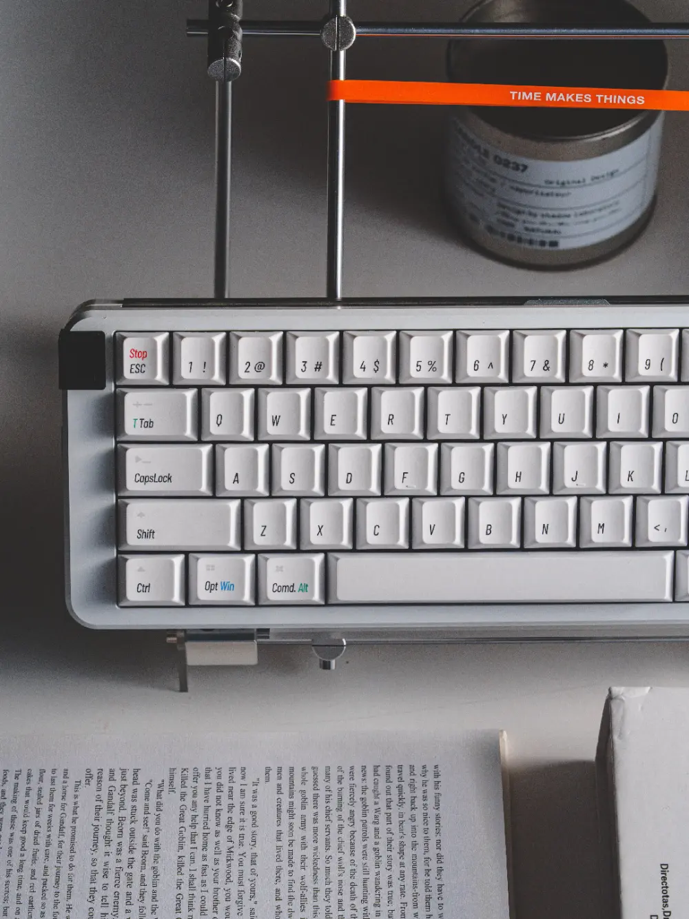 Left Side Detail View of Retro Mac Keycaps Retro Mac specific mechanical keyboard keycaps in white with classic Apple layout and vintage modifier legends.