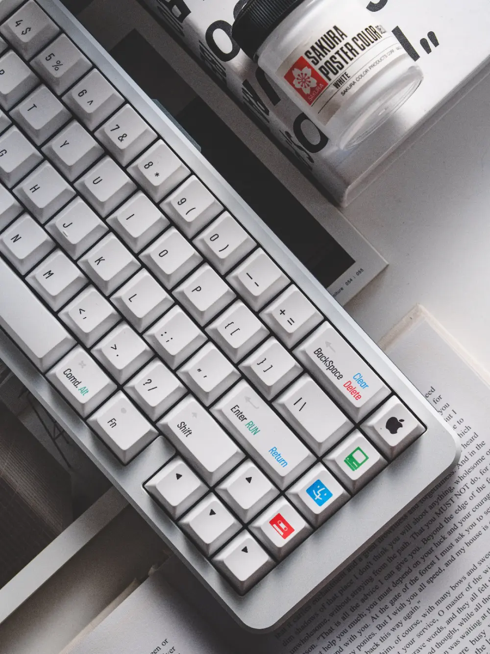 Retro Mac Keycaps Right Side Modifier Keys Detail White PBT Mac-specific keycaps with classic Apple logo and floppy disk icon on Cherry profile keyboard.