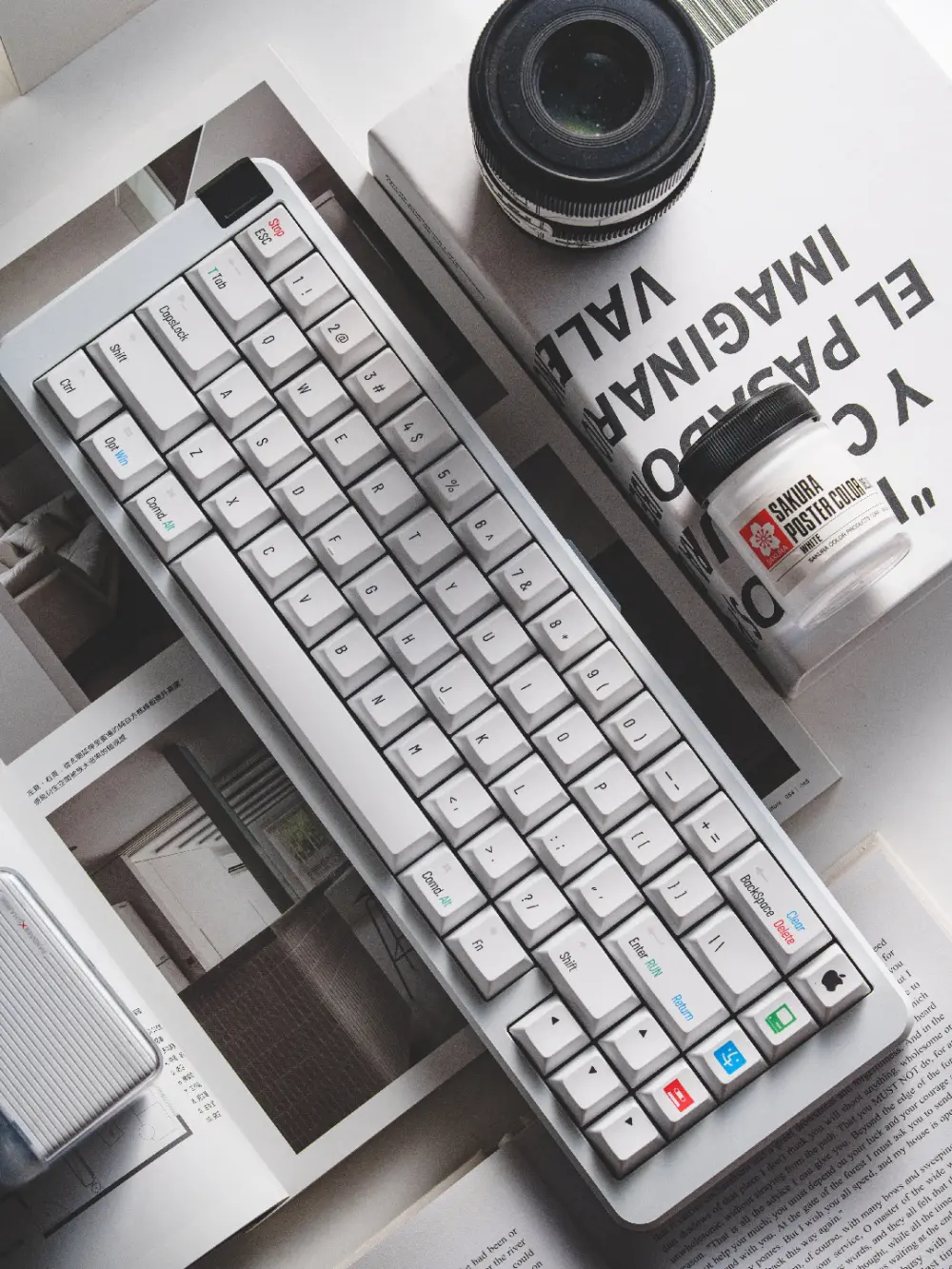 Retro Mac Specific White Keycaps on Keyboard Top-down view of white PBT Cherry profile keycaps featuring classic Macintosh command keys and colorful logos.