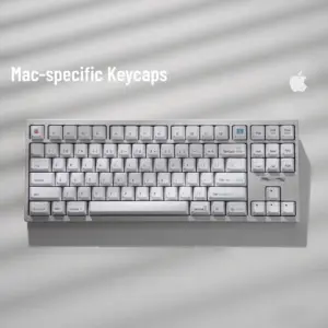 Retro Mac Specific White Keycaps Top View Retro white Mac keycap set with classic Apple command modifiers and vintage iconography displayed on keyboard.