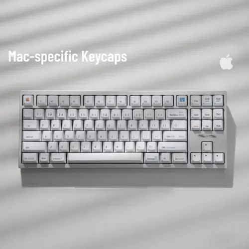 Retro Mac Specific White Keycaps Top View Retro white Mac keycap set with classic Apple command modifiers and vintage iconography displayed on keyboard.