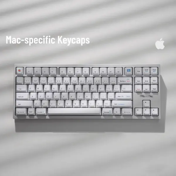 Retro Mac Specific White Keycaps Top View Retro white Mac keycap set with classic Apple command modifiers and vintage iconography displayed on keyboard.