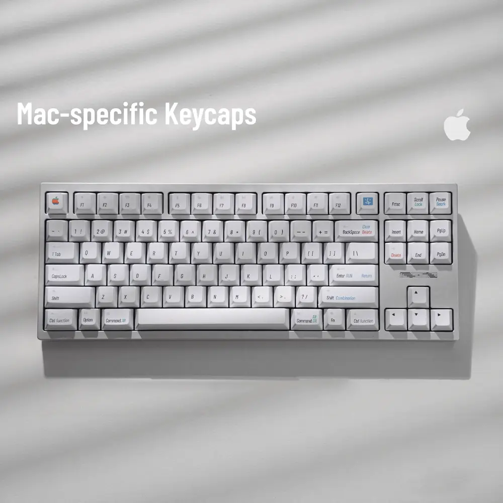 Retro Mac Specific White Keycaps Top View Retro white Mac keycap set with classic Apple command modifiers and vintage iconography displayed on keyboard.
