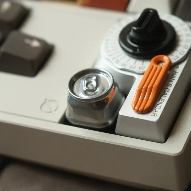 Silver aluminum soda can artisan keycap for ESC key shown on a mechanical keyboard with a reflective metallic finish.