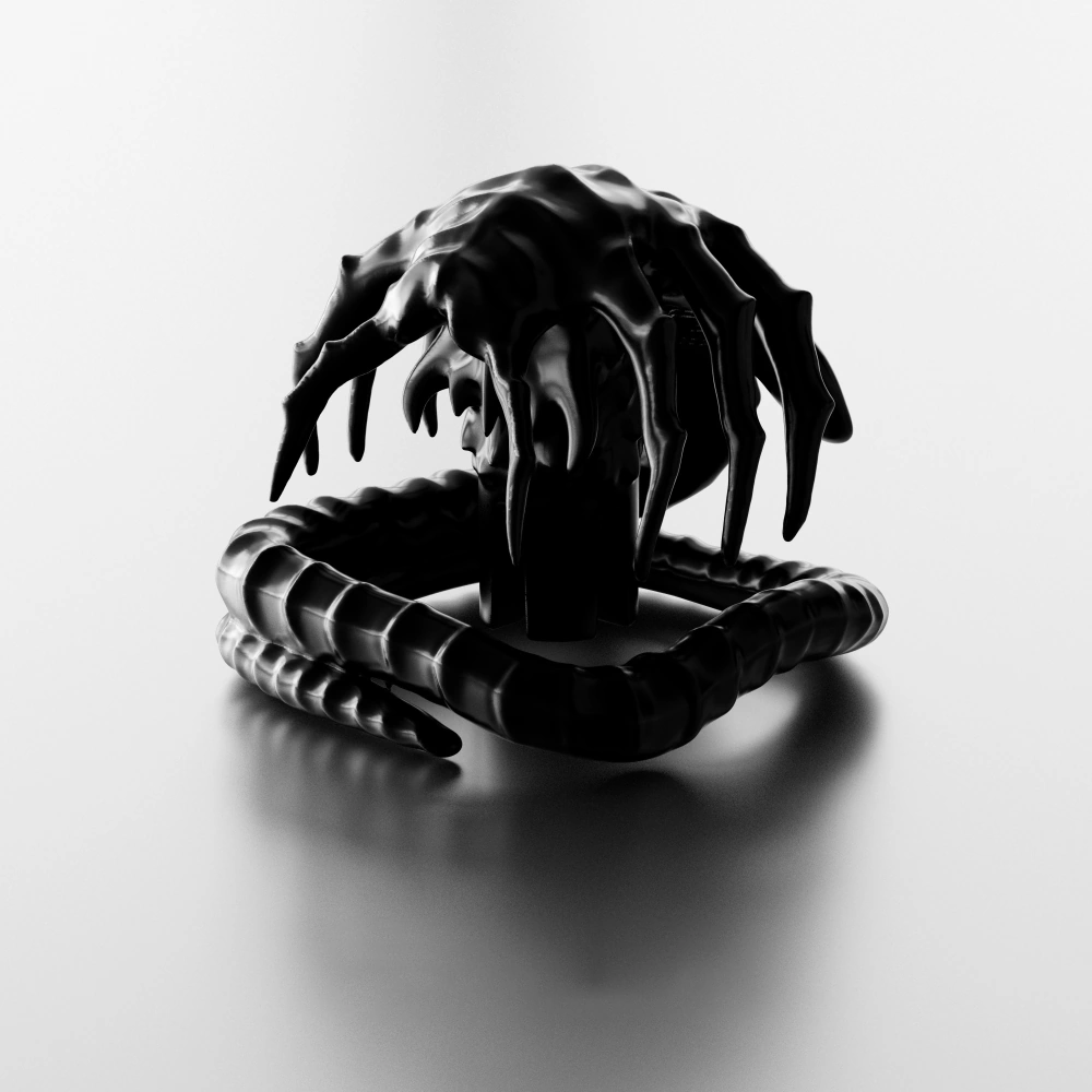 Alien Facehugger Black Metal Artisan Keycap Black handcrafted Alien Facehugger artisan keycap showing detailed copper claws and a curled tail.
