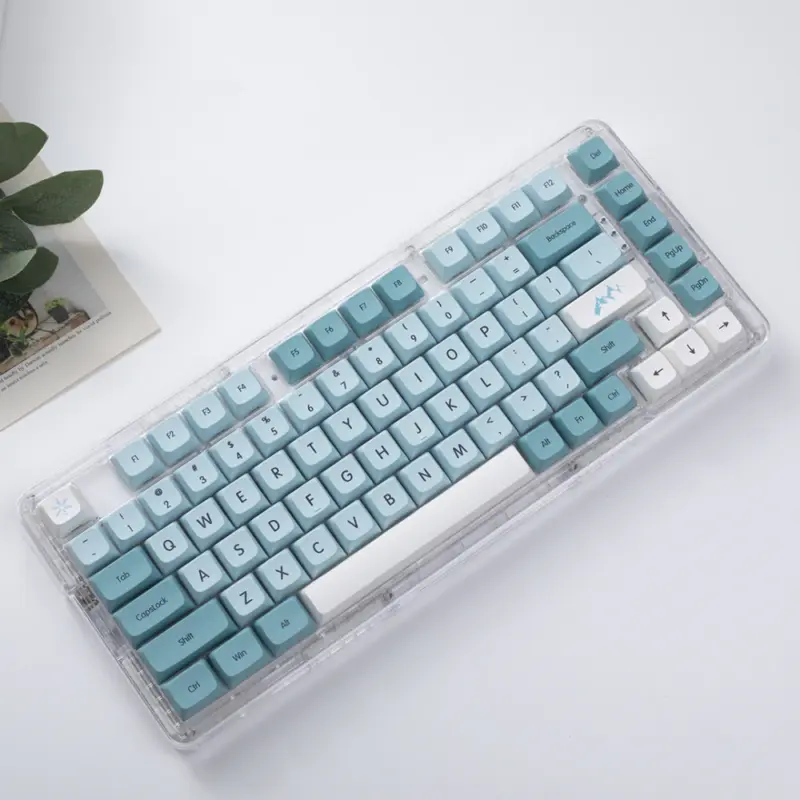 Blue and white XDA keycaps on a clear keyboard case viewed from above