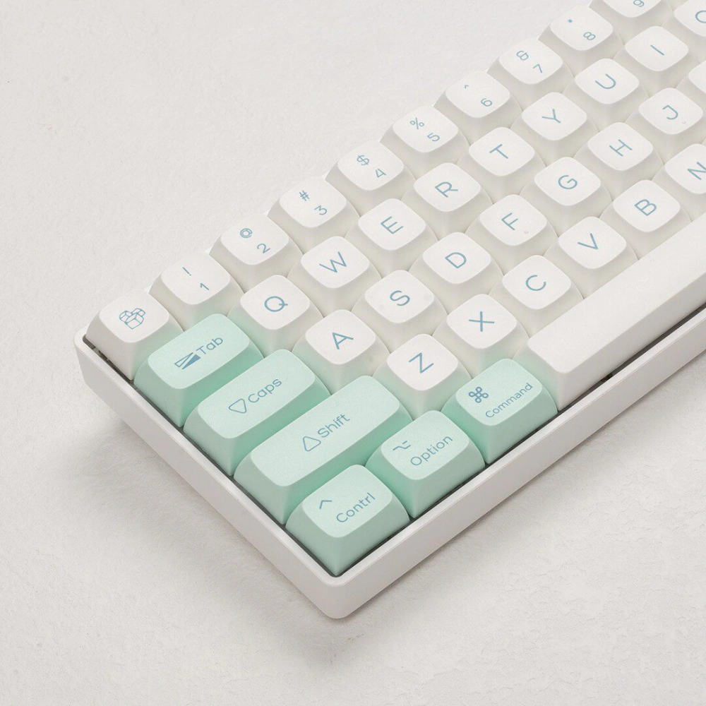 Mint Mac modifier keycaps beside white letter keys on a white keyboard.