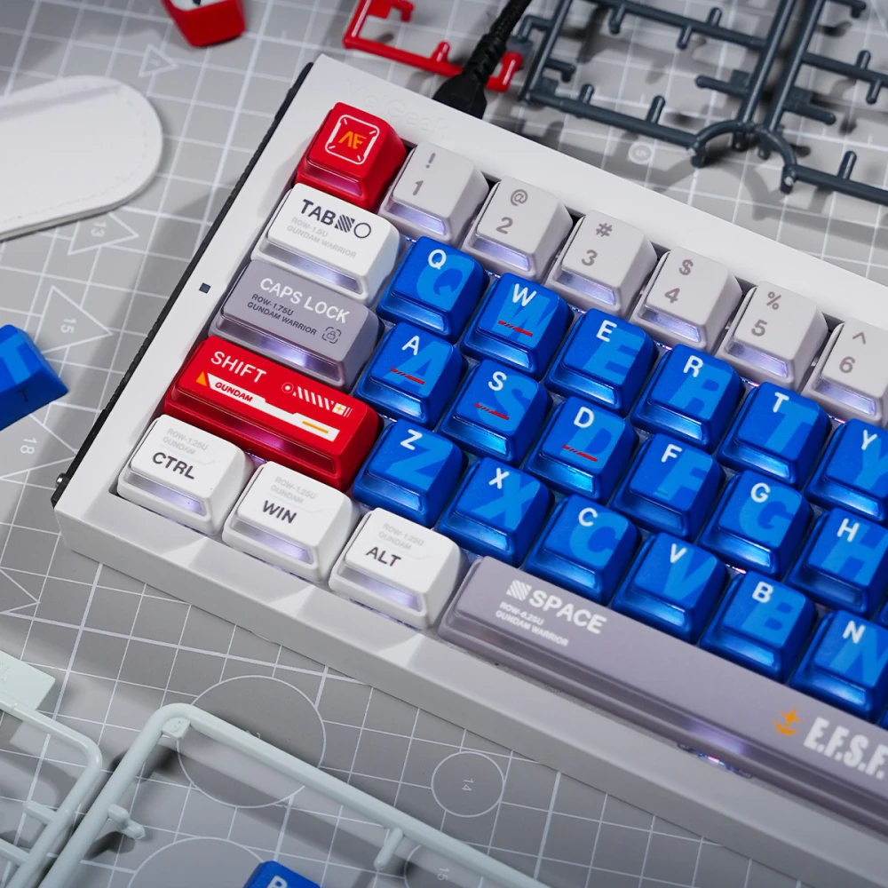 Mecha Armor Side-lit Keycaps Blue Alpha Layout Mecha Armor side-lit keycaps featuring translucent blue alphas and red accent keys with RGB glow.