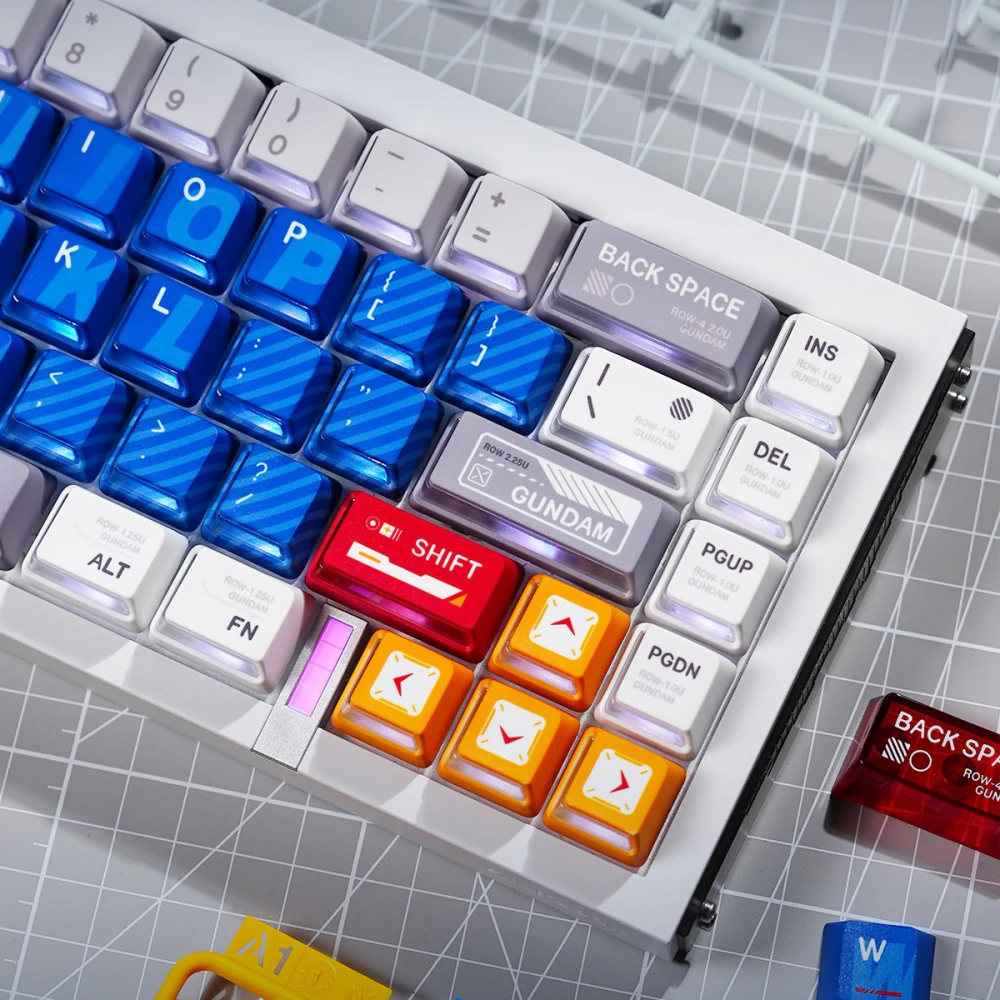 Mecha Armor Side-lit Nuclear Power Profile Keycaps Right Side Detail Mecha Armor side-lit keycaps with blue translucent alphas, red shift key, and orange arrow keys.