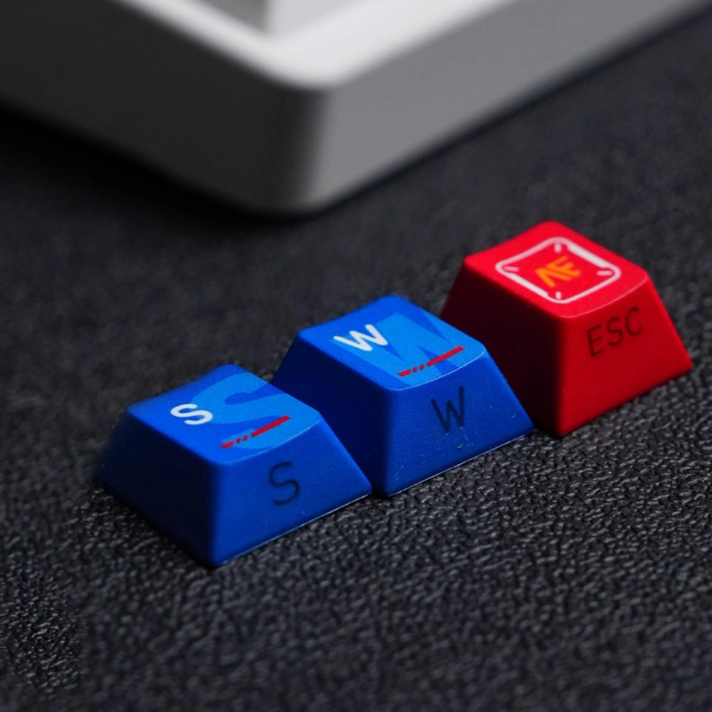 Mecha Armor Side-lit Keycaps S W ESC Side-lit blue S and W keycaps with red nuclear ESC accent on dark textured surface.