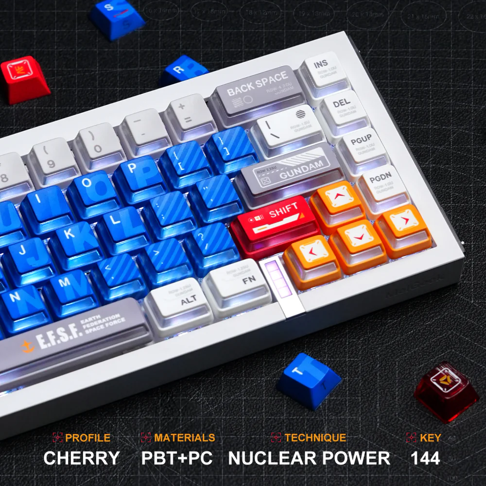 Mecha Armor Side-lit Cherry Profile Keycaps Mecha Armor side-lit keycaps with blue translucent alphas, red shift accent, and orange arrow cluster.
