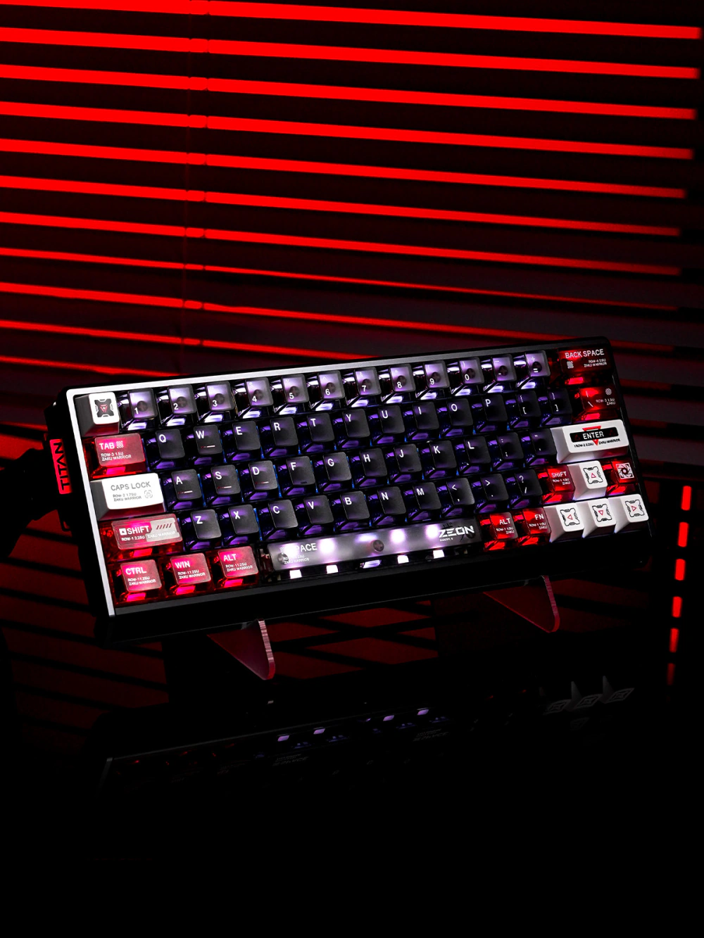 Compact keyboard with Mecha Cockpit transparent PC ABS keycaps illuminated by RGB backlighting.