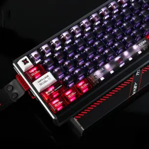 Transparent PC+ABS keycaps with red modifiers and purple RGB side lighting on compact board.