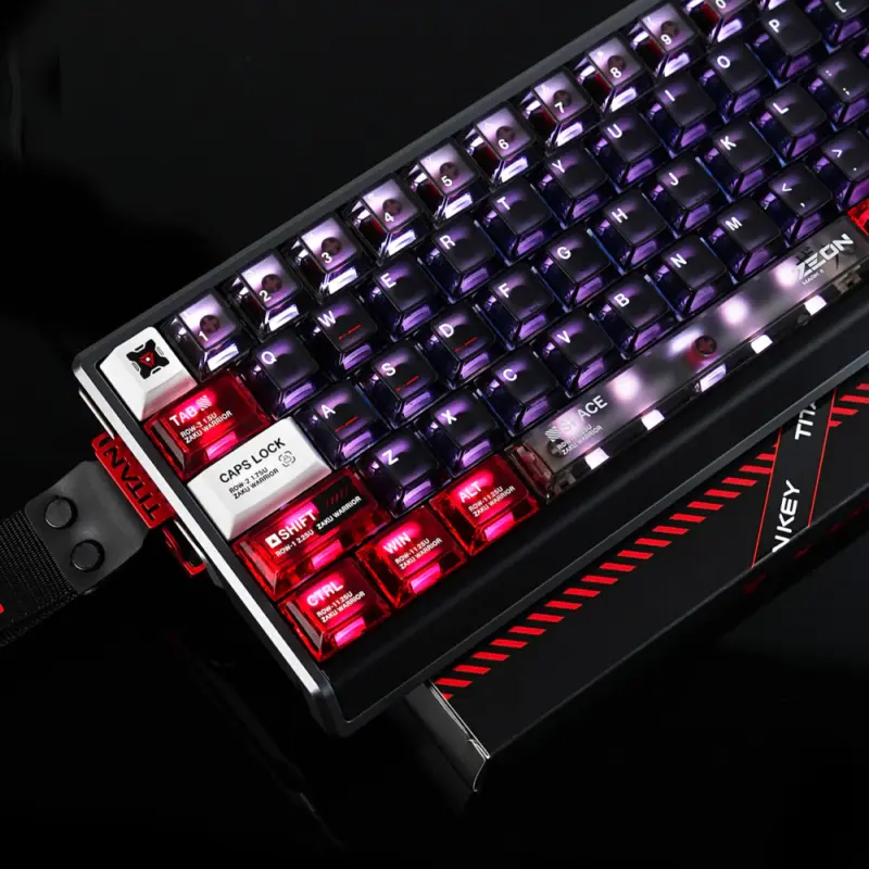 Mecha Cockpit Keycaps Angled RGB View Transparent PC+ABS keycaps with red modifiers and purple RGB side lighting on compact board.