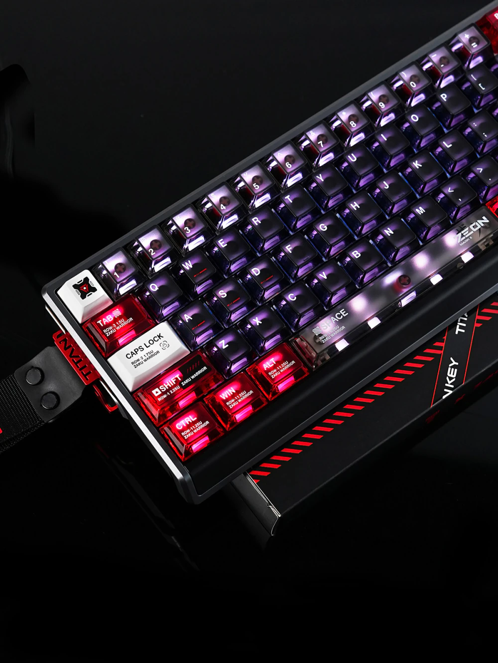 Transparent PC+ABS keycaps with red modifiers and purple RGB side lighting on compact board.