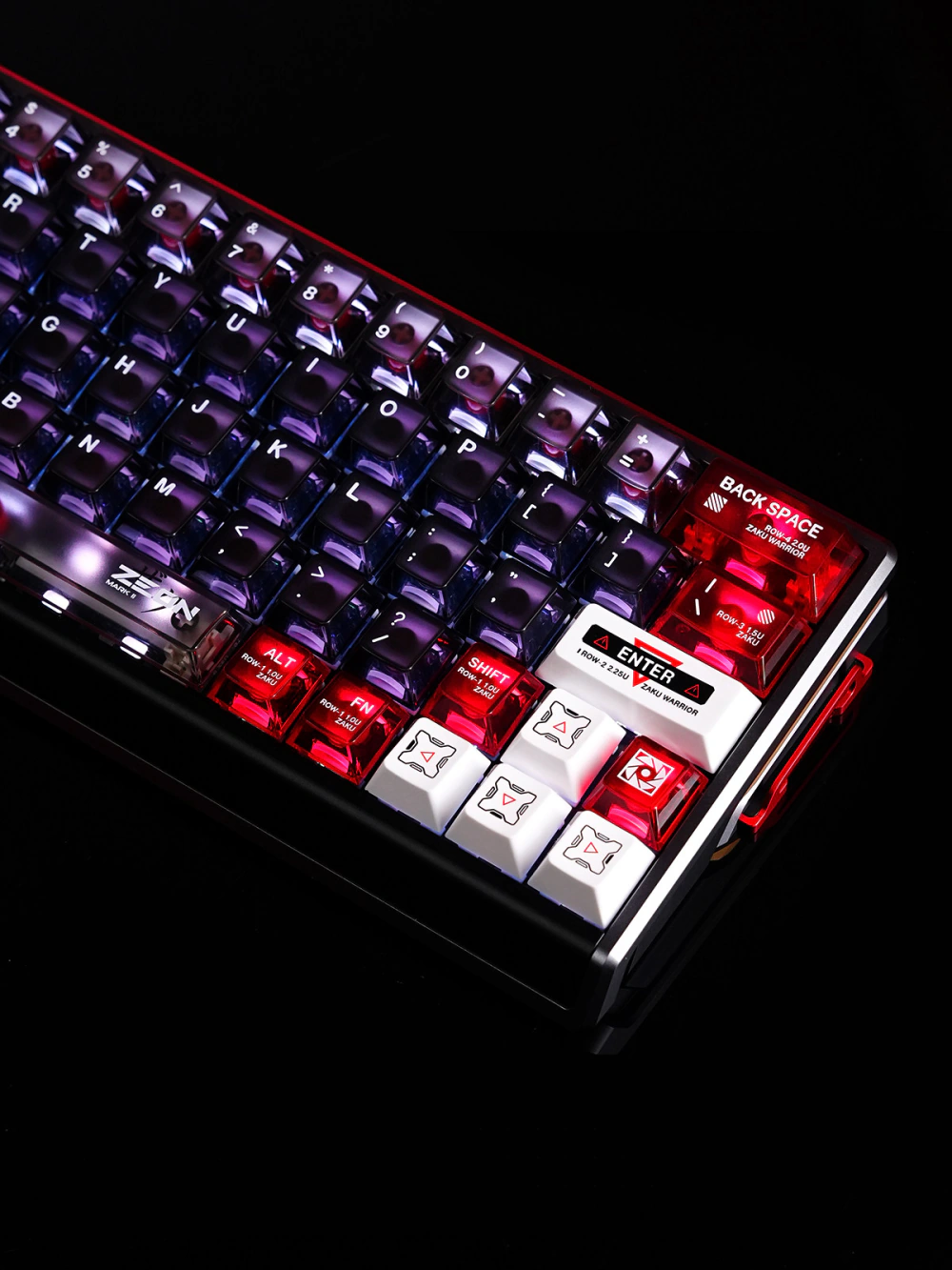 Shine-Through Keycaps in 2026: Classic and Modern Designs Mecha cockpit transparent keycaps with red modifier keys and illuminated transparent sides.