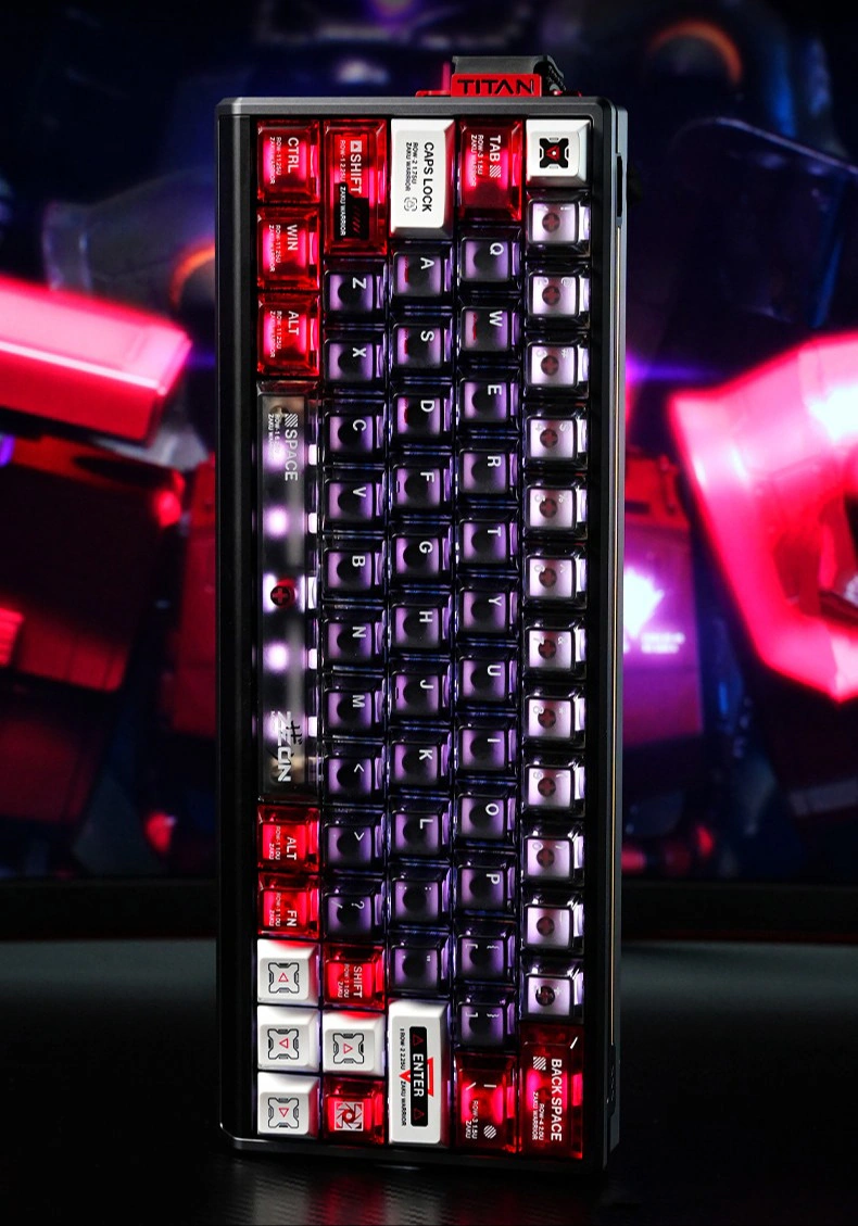 Mecha Cockpit transparent PC ABS keycaps with red modifiers and smoky RGB glow on compact board.