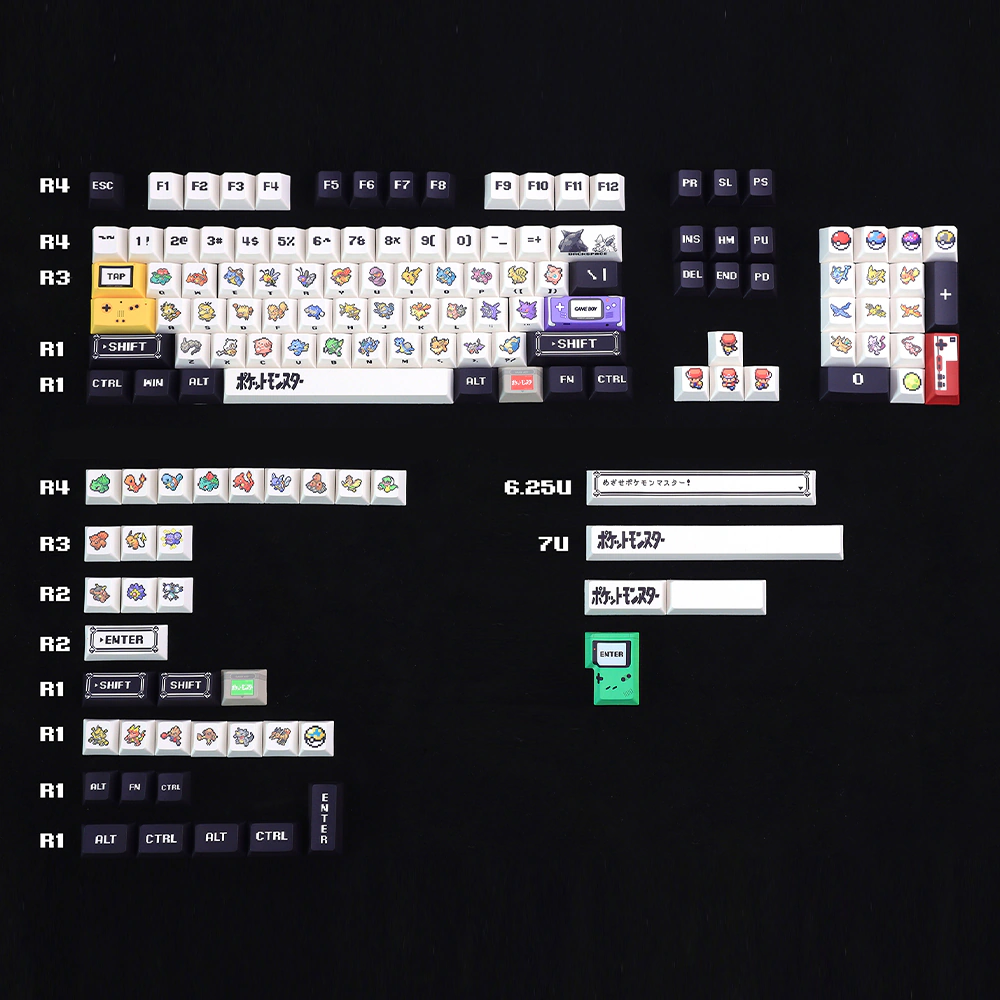 Retro red and green pixel keycap set shown in a full kit arrangement.