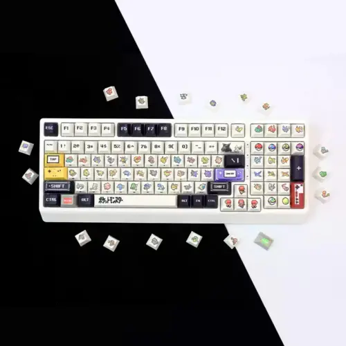 Retro red and green pixel Cherry profile keycaps arranged in a white keyboard layout.