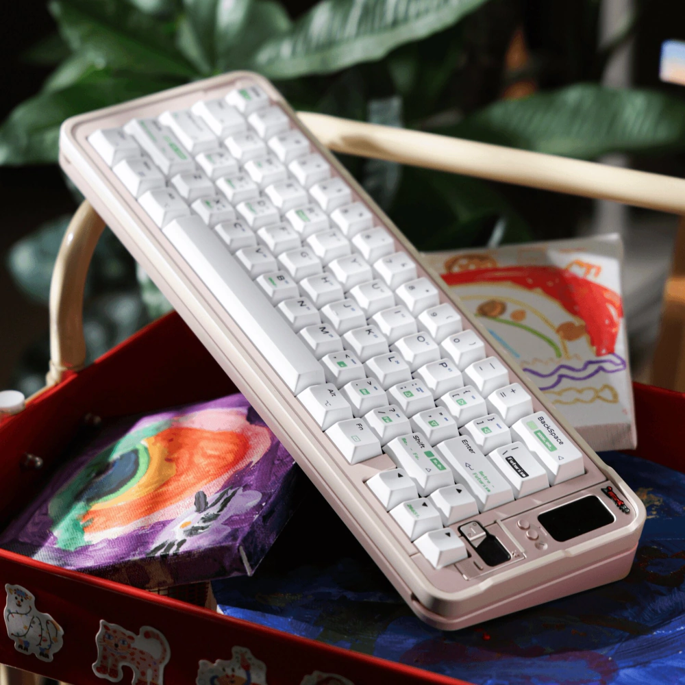 Retro futurism keycaps featuring white profiles and neon green pixel legends on a keyboard.