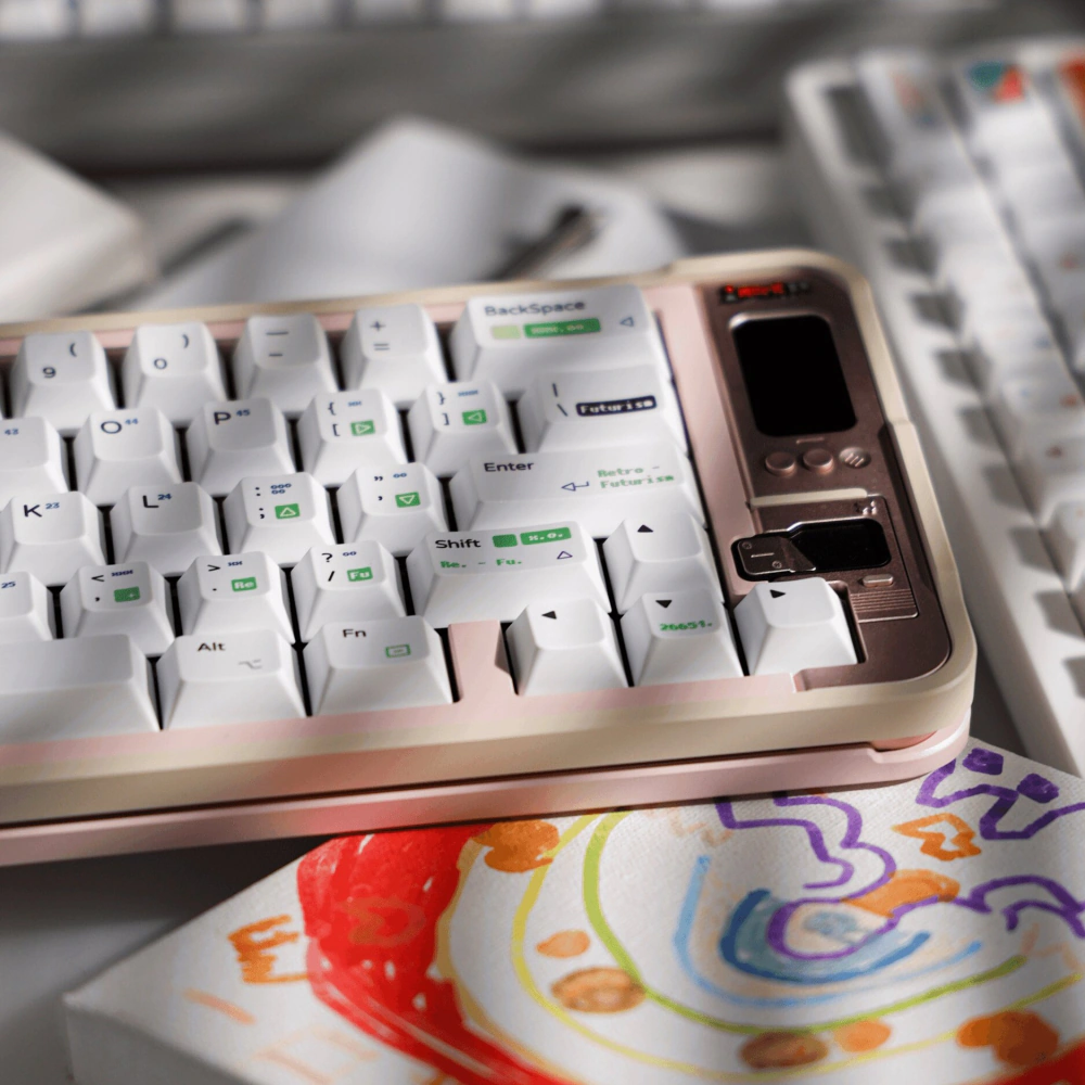Close-up of retro futurism cherry profile PBT keycaps with neon green sci-fi accents on a custom keyboard.