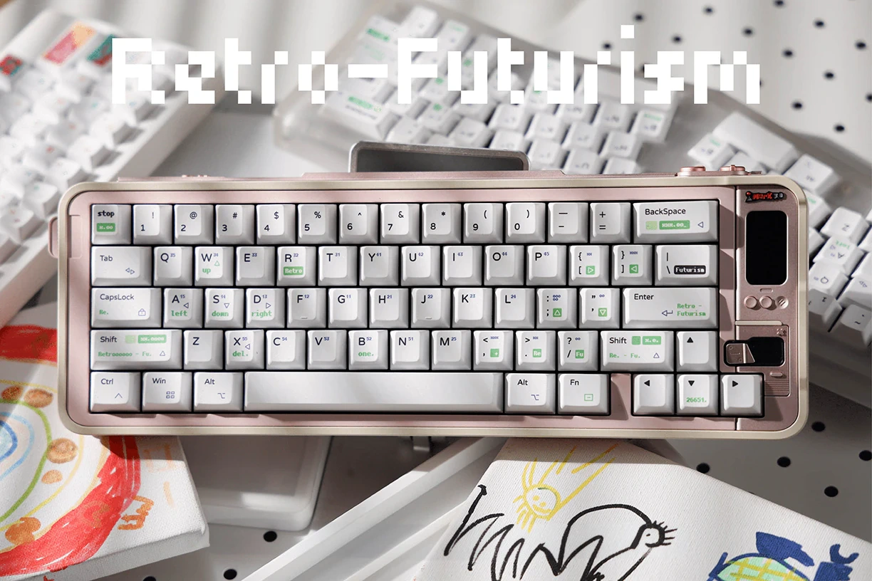 White retro futurism keycaps featuring neon green pixelated sub-legends mounted on a keyboard.