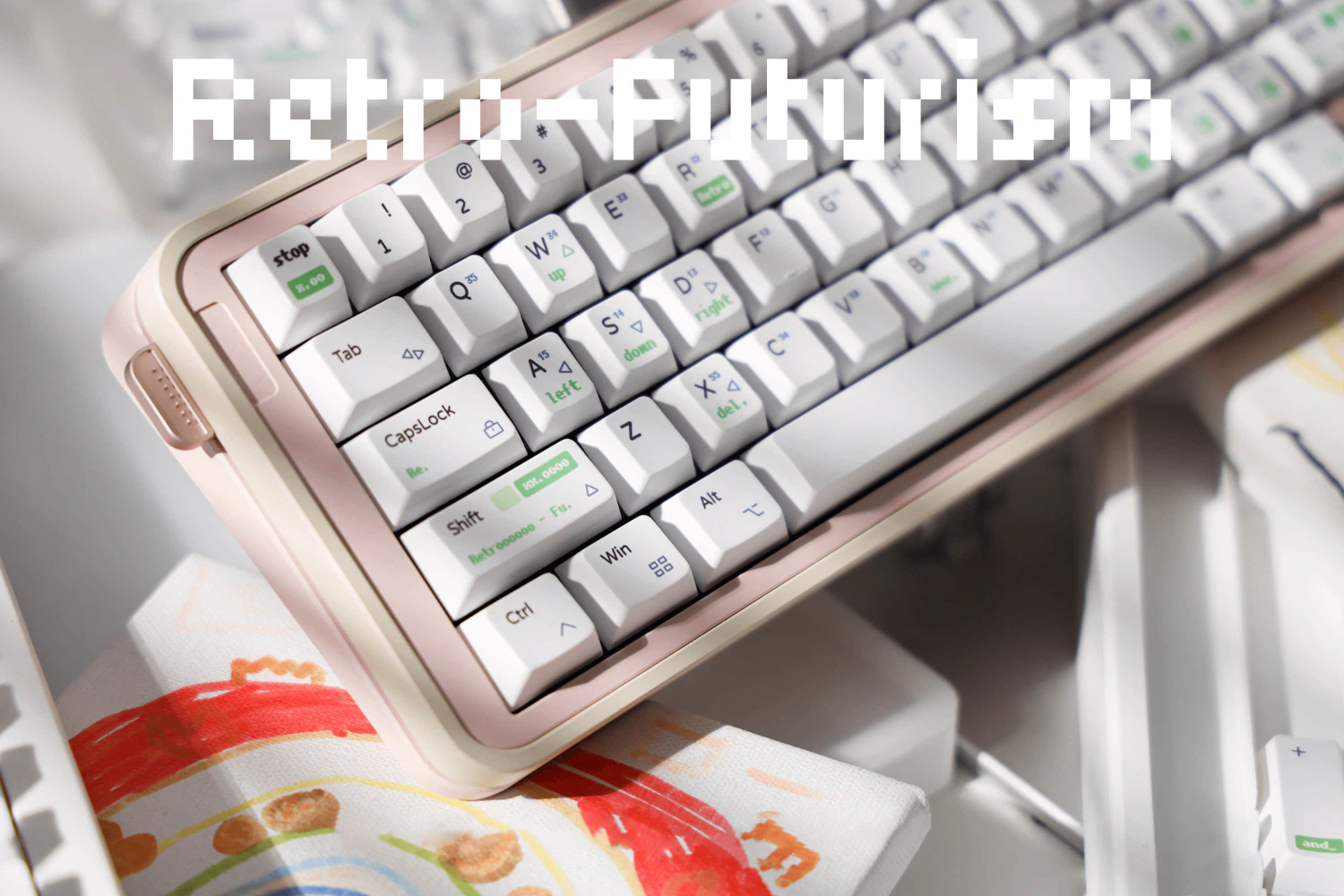Close up of retro futurism keycaps with neon green monochrome style legends on a mechanical keyboard.