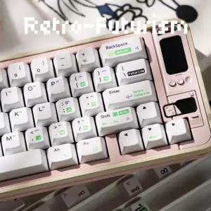 White Cherry profile PBT keycaps featuring pixelated neon green legends on a mechanical keyboard.