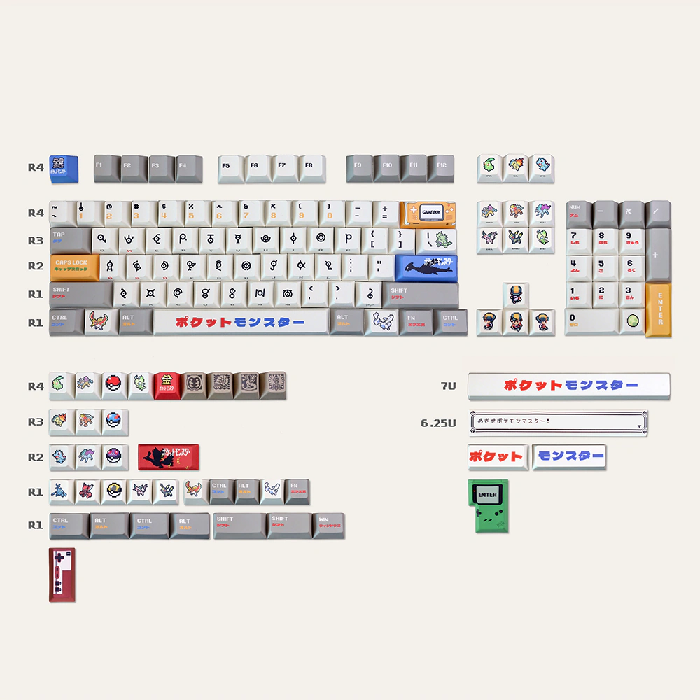 Retro gold silver pixel keycaps kitting diagram showing all keys with sprite accents and Japanese legends.