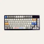 Top-down view of retro gold silver pixel keycaps on a dark keyboard with symbol legends and character column.