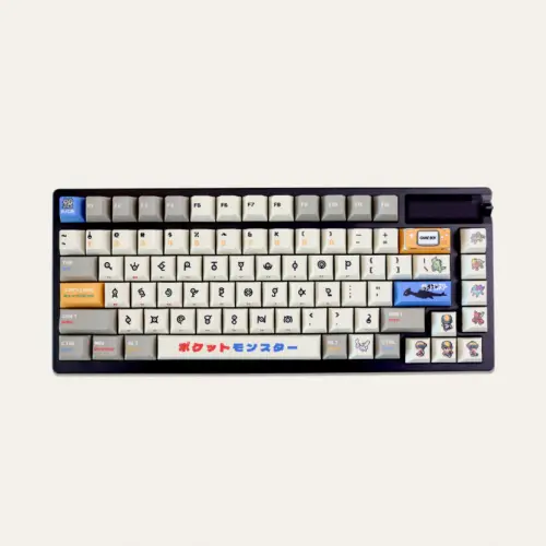 Top-down view of retro gold silver pixel keycaps on a dark keyboard with symbol legends and character column.
