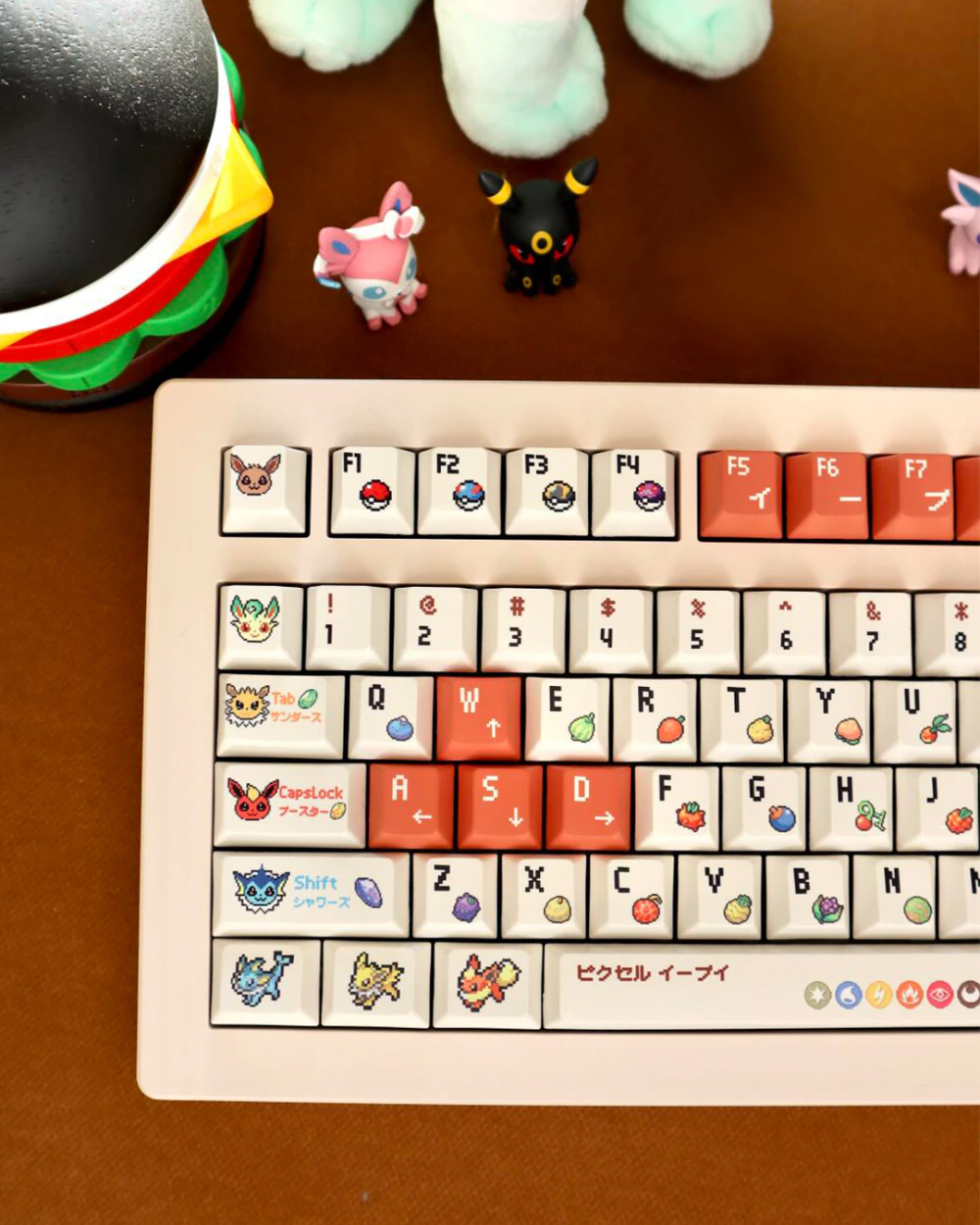 Pixel companion keycaps in Cherry profile showing left side with orange WASD and F-key accents.