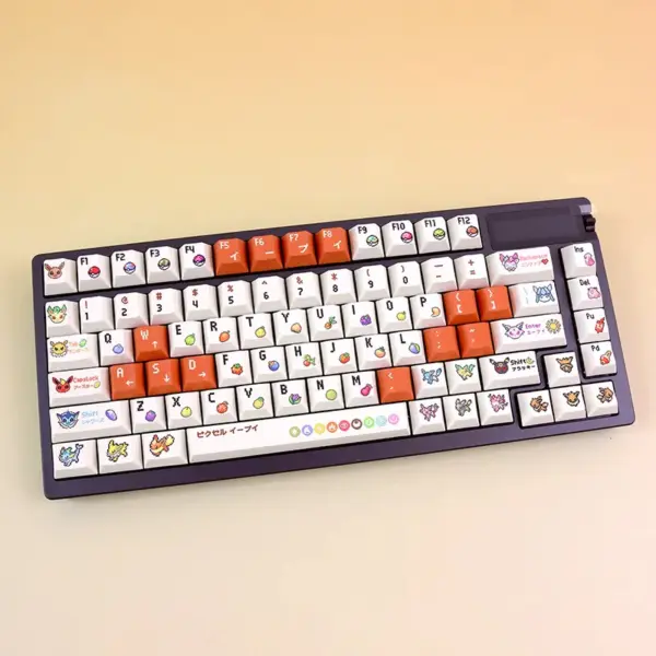 Retro Pixel Companion Cherry Profile Keycaps Orange Accents Cherry profile keycaps featuring pixel companion artwork and orange accents.