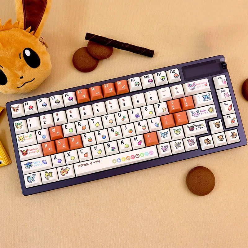 Mechanical keyboard with white pixel companion keycaps and orange WASD accents.