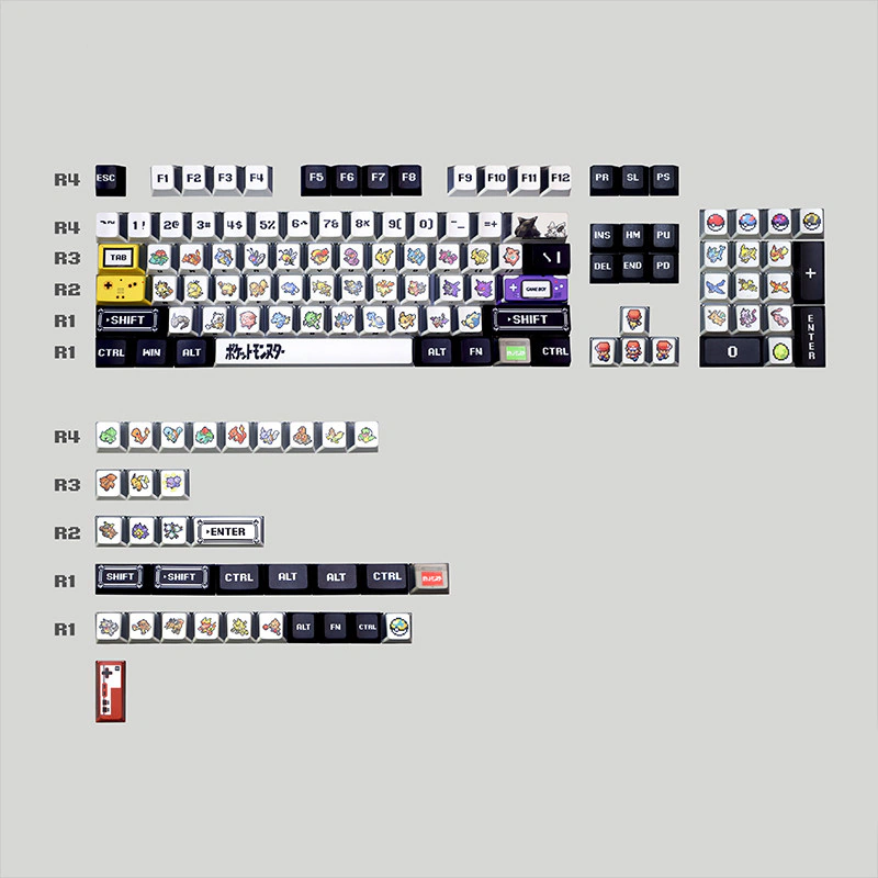 Retro pixel keycaps arranged in full kit with novelty keys and numpad visible.