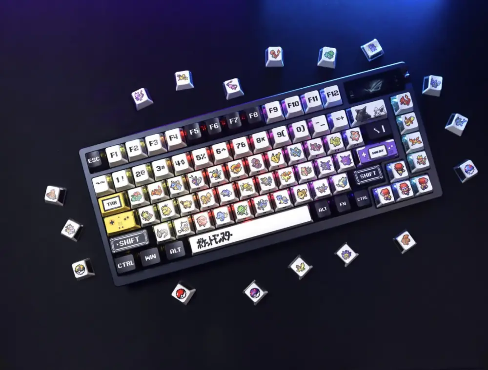 Mechanical keyboard featuring three-sided translucent pixel keycaps with RGB side glow and scattered extras.