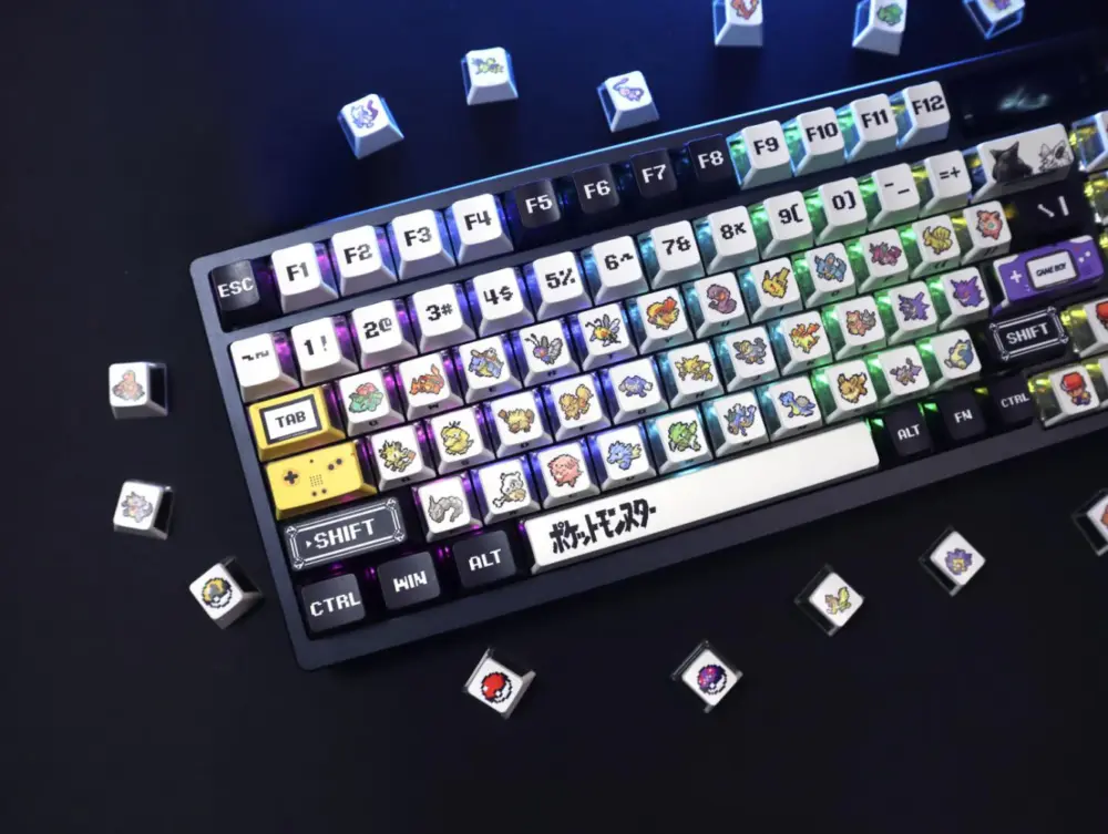 Retro pixel keycaps with three-sided translucent sides and RGB lighting on keyboard.