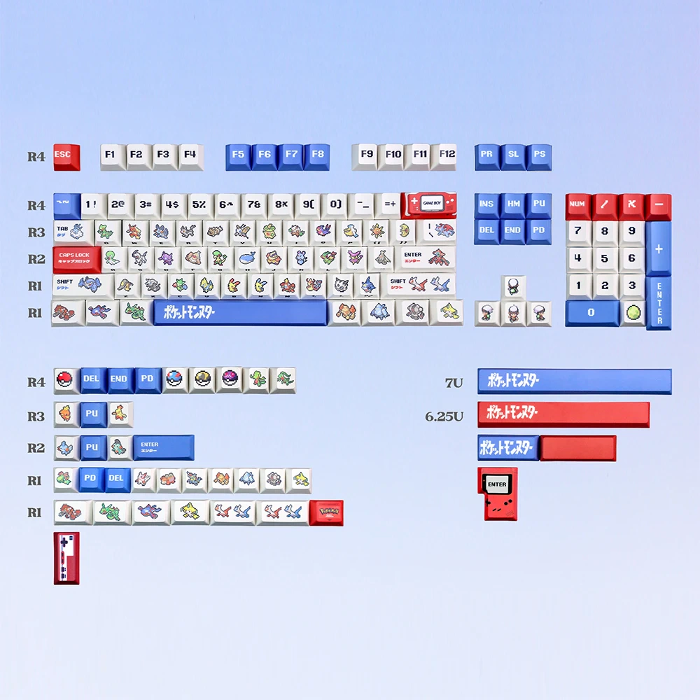 Retro ruby and sapphire keycap set with pixel art sprites, red accents, and blue spacebars.