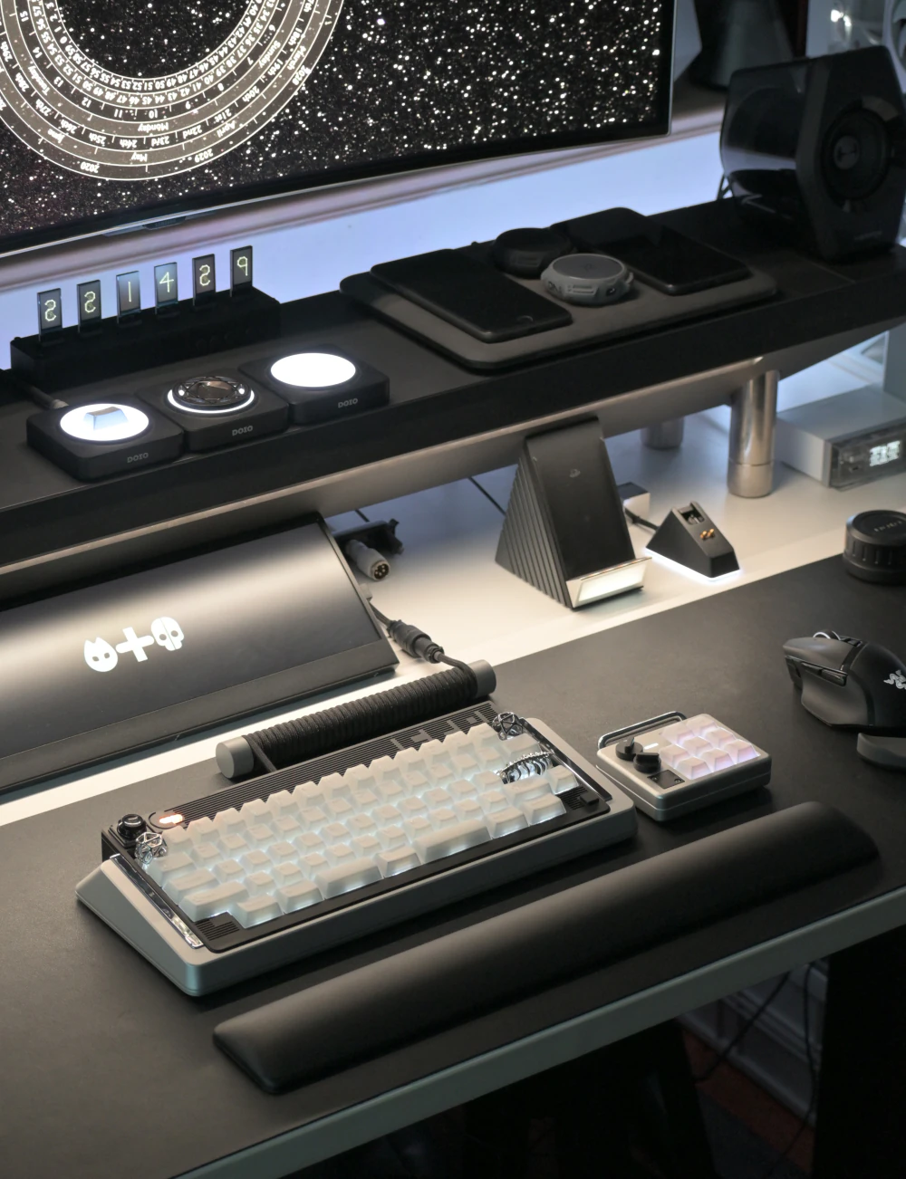 Sci-Fi Creature Keycap Desk Setup Wide desk setup with a compact keyboard and creature keycap near the Enter key.