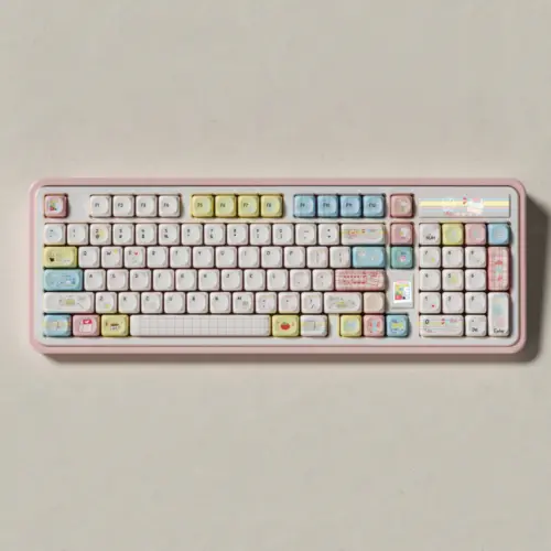Full keyboard fitted with Cozy Journal keycaps, including pastel pink, blue, and yellow accents.