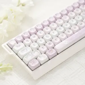 Pink and white keycaps with cat, dessert, and teacup icons on a white keyboard