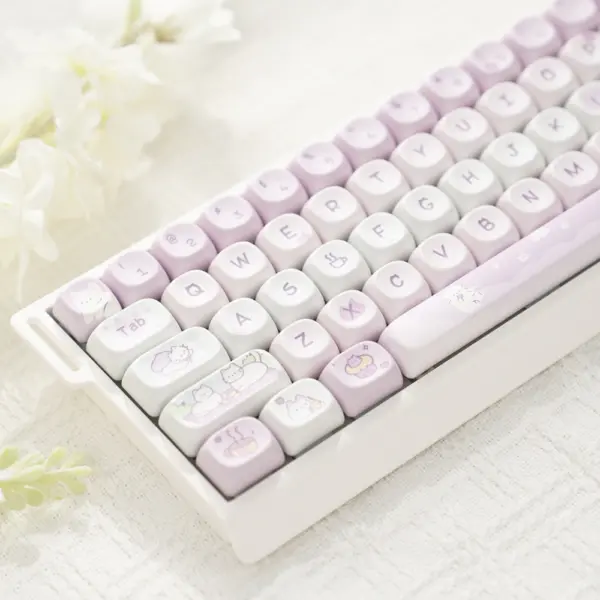 Cute Cat Afternoon Tea Keycaps Left Angle View Pink and white keycaps with cat, dessert, and teacup icons on a white keyboard