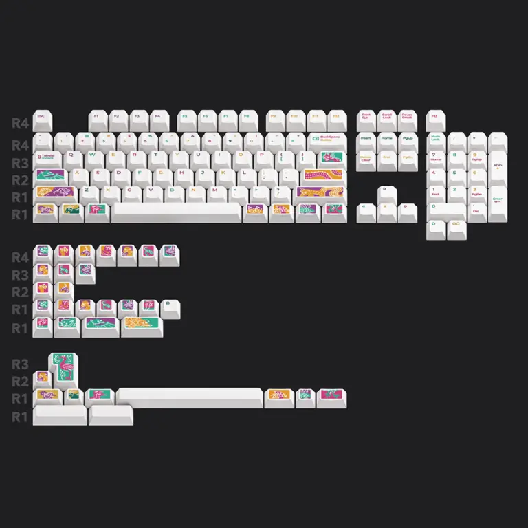 Full Fantasy Tunnel keycap layout on a dark background with white keys and illustrated accents.